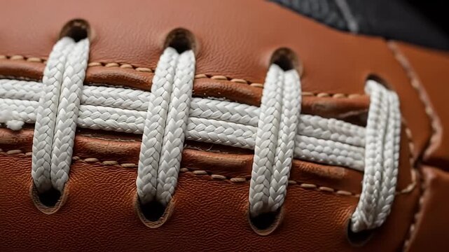 Extreme close-up on the textured, tanned leather and white laces of a sports ball