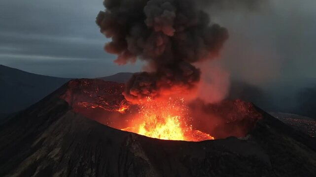 The raw power of a dramatic volcanic eruption, with fiery molten lava and a massive dark ash cloud spewing from the crater at twilight