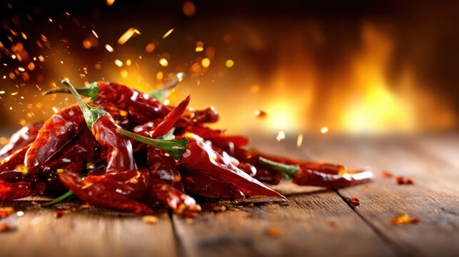 A vibrant display of dried red chilies, capturing their fiery essence and rich color against a rustic wooden background, signifying heat in culinary traditions around the world.