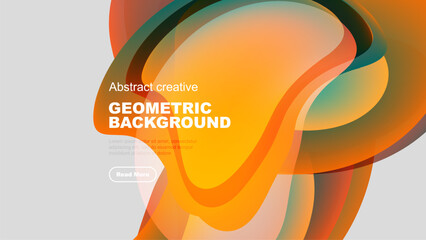 Abstract geometric background features vibrant orange, green hues. Text overlay includes sample content, button. Modern design.