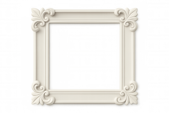 Classic white ornate picture frame with transparent background, isolating path included for easy editing