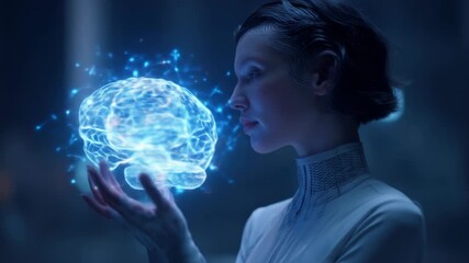 Woman gazes at glowing blue brain hologram above her cupped hands - Powered by Adobe