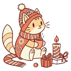 Vector illustration of a Funny Maine Coon with with a stuffed animal, styled in a Christmas theme using Warm Cozy colors