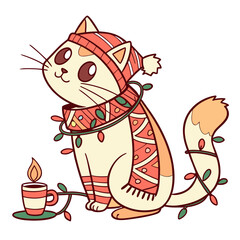 Whimsical Maine Coon feeling Curious in a Christmas setting with wrapped in fairy lights – colored in Warm Cozy