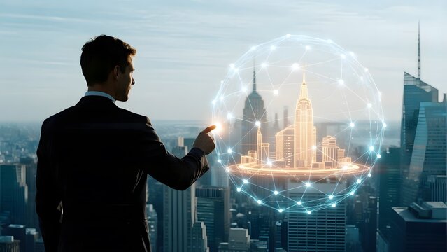 A businessman interacts with a futuristic, digitally connected cityscape overlaying a real urban skyline.