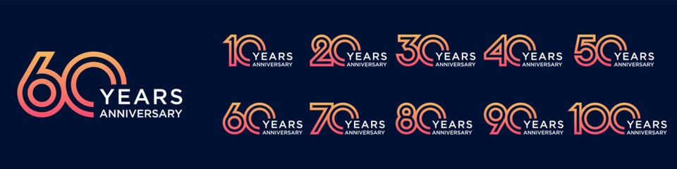 Obraz premium collection anniversary 10 to 100 year logo designs. abstract number for celebration event, wedding, greeting card, and invitation, vector illustration
