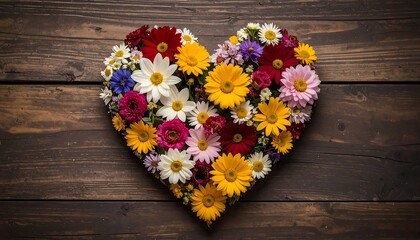 Fototapeta premium Heart-shaped flower arrangement on wooden background