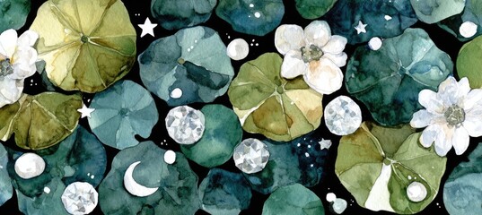 Watercolor illustration of lily pads, flowers, moons, and stars on a dark background