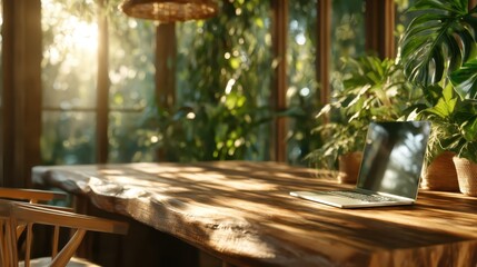 A serene workspace is illuminated by sunlight, showcasing a laptop amidst lush green plants, promoting a harmonious blend of productivity and nature in an inviting environment.