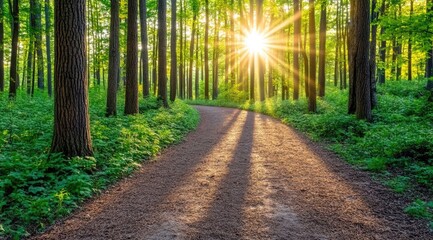 Obraz premium Sunlit path through a lush green forest
