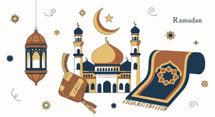 Ramadan Illustration with Mosque Lantern Ketupat Prayer Rug Crescent Moon and Stars.