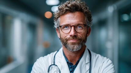 A smiling doctor with curly hair and glasses stands confidently in a well-lit modern clinic hallway, exuding professionalism and approachability for patients and staff alike.