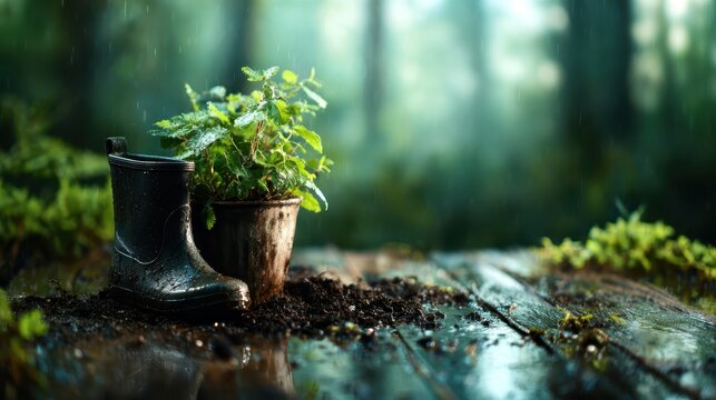 Fototapeta A vibrant green plant grows from a worn black boot, surrounded by rich soil and a forest background, evoking themes of nature, growth, and resilience in a tranquil setting.