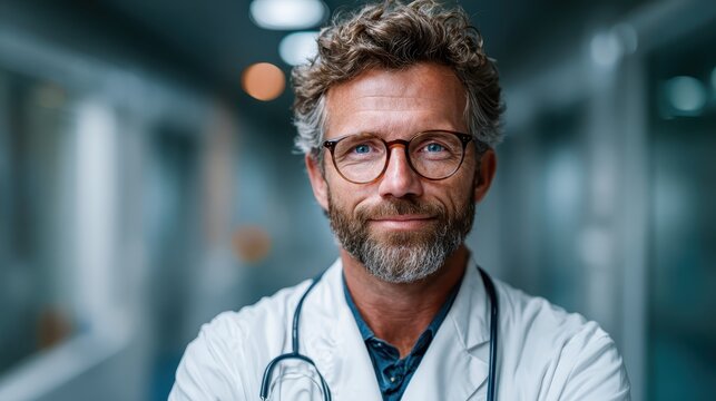 A smiling doctor with curly hair and glasses stands confidently in a well-lit modern clinic hallway, exuding professionalism and approachability for patients and staff alike.