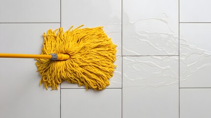 Flat lay view of yellow mop cleaning wet tiled floor.