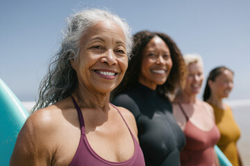 Diverse group of women on the beach with surfboards. They are smiling and appear happy and healthy. Fun in the sun and surf!