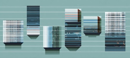 Abstract graphic of multiple, vertically stacked, rectangular shapes, appearing as buildings, with varying colors and patterns