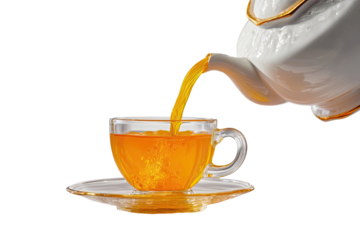 Tea being poured from a white teapot into a clear glass cup.  Golden accents on the teapot and saucer.  Bright, vibrant orange-yellow tea