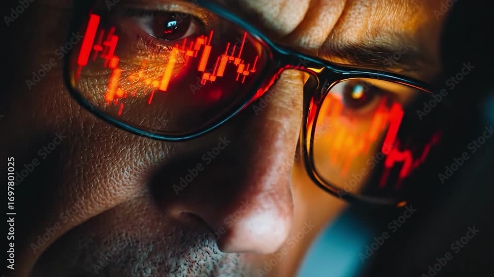 Poster financial insight: a close-up shot captures the intense gaze of an individual as they watch financia