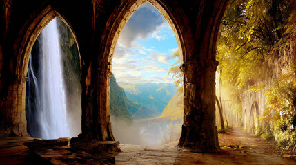 ancient stone temple built beside giant glowing waterfall