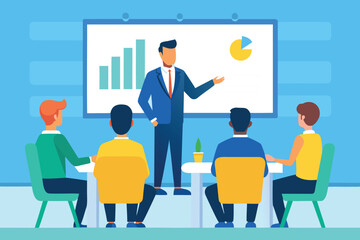 Business Presentation with Graph and Pie Chart Showing Growth to Team Members