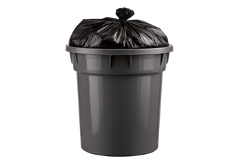 Gray trash can with black plastic bag