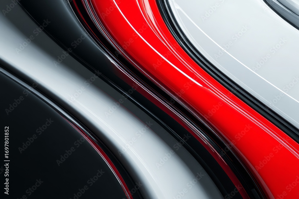 Poster abstract design with flowing red, white, and black curves creates a dynamic visual effect.