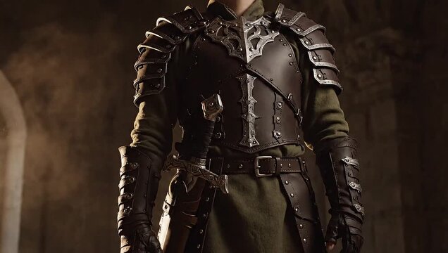 A Powerful Medieval Knight Stands Ready in Ornate Leather and Metal Armor Inside a Dark Dusty Castle.