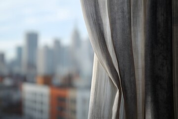 Sheer curtain framing window with soft city background.