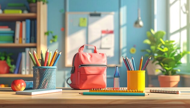 Bright classroom scene with red backpack, school supplies, bulletin board, bookshelf, and sunlight for editorial education photography organized workspace decor and poetic engagement-themed visuals