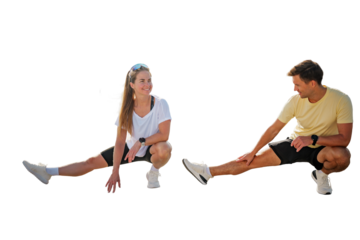 Couple practicing stretching exercises together, isolated transparent background