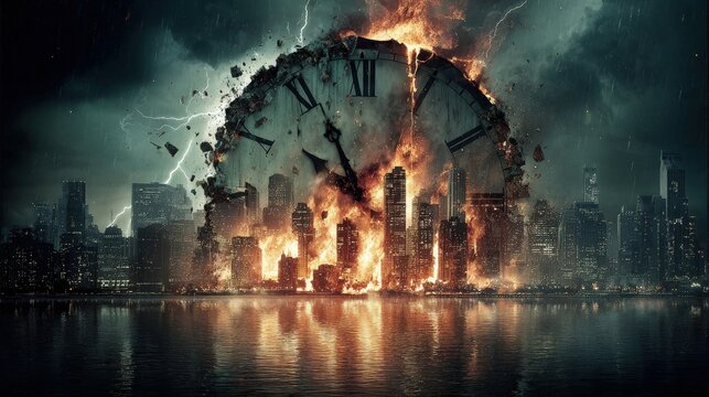 Exploding Clock Over Burning Cityscape At Night - Powered by Adobe