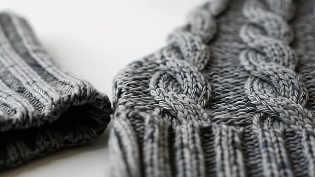 Detailed gray knitted cable pattern with alternating textures and directional emphasis