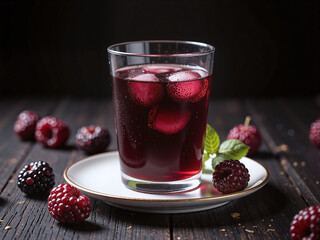 Blackberry juice styled with gold accents, exuding understated luxury.