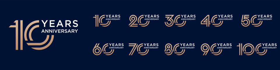 collection anniversary 10 to 100 year logo designs. abstract number for celebration event, wedding, greeting card, and invitation, vector illustration