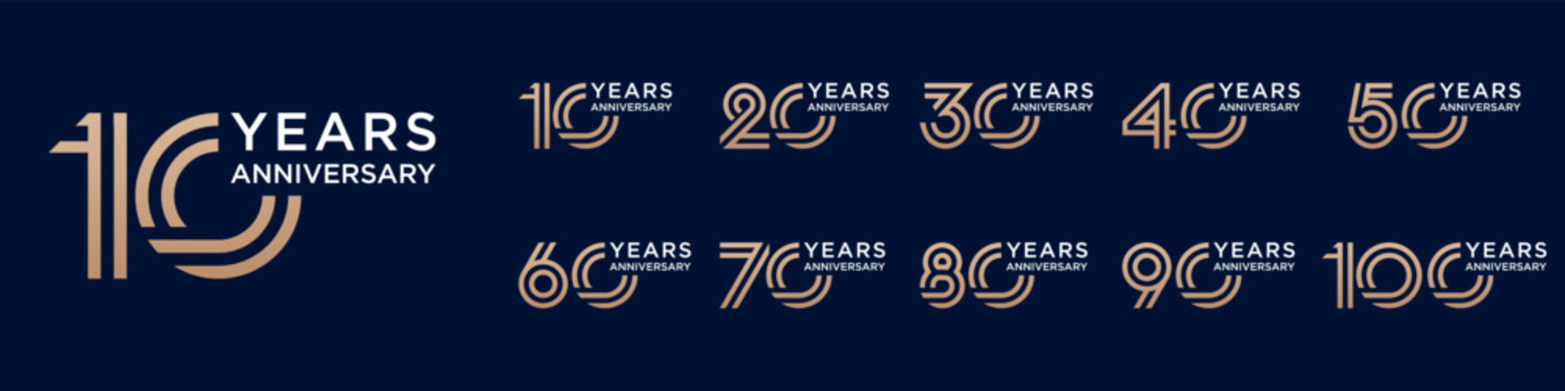 collection anniversary 10 to 100 year logo designs. abstract number for celebration event, wedding, greeting card, and invitation, vector illustration