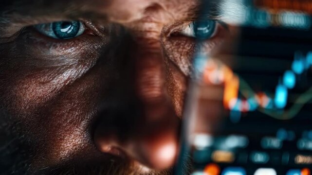 Intense Analysis: A close-up shot captures the focused intensity of a determined individual, eyes fixated on complex data, symbolizing diligent effort and intellectual dedication.
