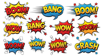 Comic Book Style Speech Bubbles with Exclamations Boom Bang Wow Crash.