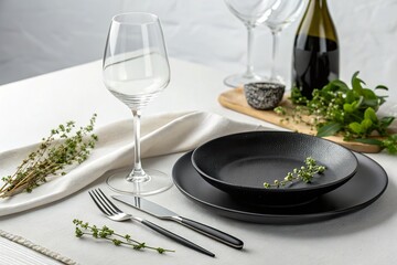 Elegant dining setup featuring a black plate, wine glass, and fresh herbs on a white table