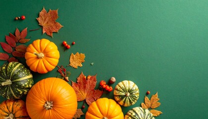 Autumn-themed border with orange pumpkins dried leaves acorns berries and green background for editorial seasonal photography Thanksgiving design and poetic harvest-themed visuals