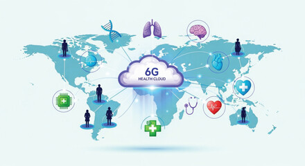 Obraz premium Global 6G Health Cloud Network Connecting Healthcare Professionals Worldwide. EPS Vector