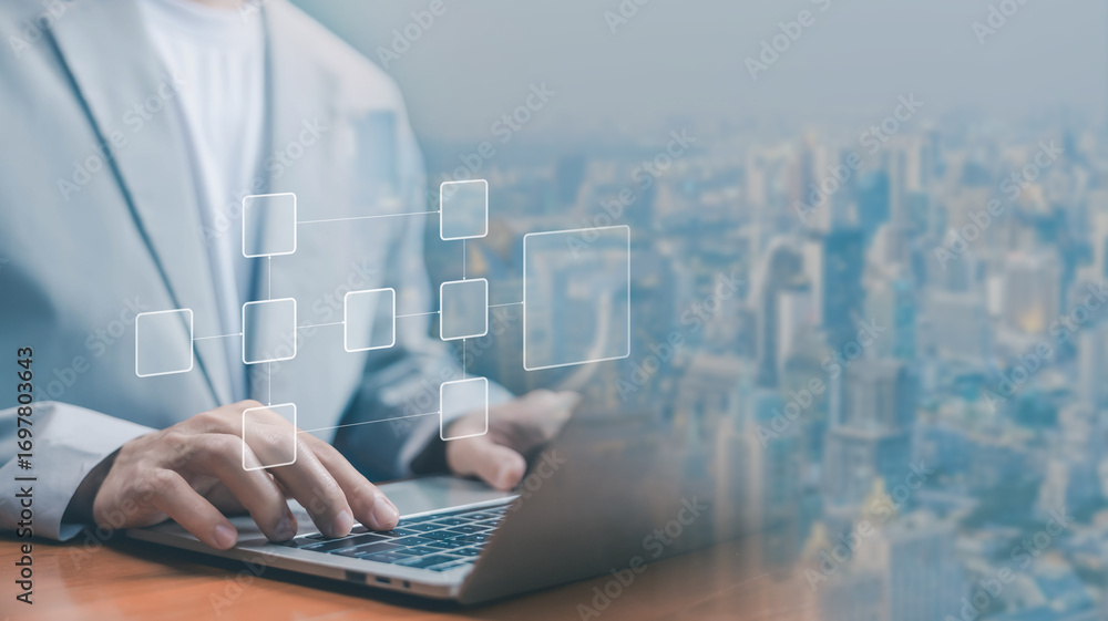 Fototapete businessman working on a laptop with digital flowchart icons, symbolizing workflow management, busin