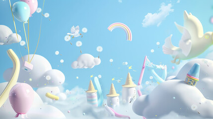 Little clouds are wearing sun hats and chasing the blue sky with rainbow kites. A group of white doves flew by with dandelion seeds in their hands. In the castle of marshmallows like building blocks i