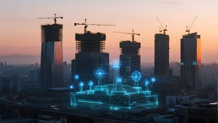 Futuristic Cityscape with Digital Overlay and Construction Cranes at Sunset
