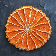 Overhead view of an orange citrus fruit slice with white segments on a dark textured background