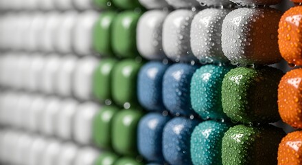 Colorful capsules with water droplets arranged in a structured and vibrant pattern