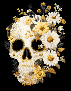 Vintage embroidered flower skull. Muertos Dead Day Fshion design decoration prnt. White lace marigold dasy chamomile beautiful isoated on black background. reeting invitation vector llustration