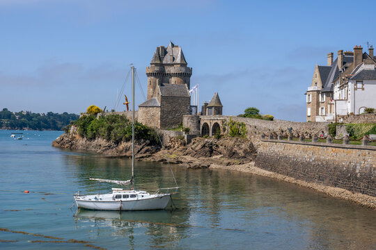 Solidor Tower and harbor with sailboat in Saint-Malo Brittany France