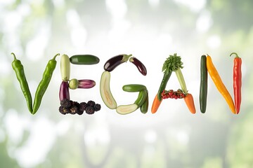 Vibrant fresh vegetables and berries artfully spell out VEGAN, celebrating healthy plant-based eating and natural goodness