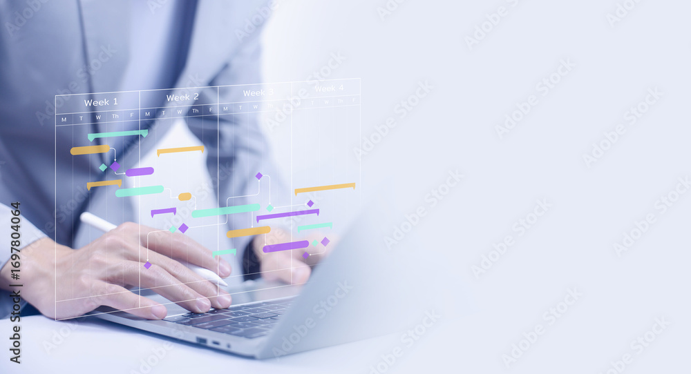 Poster a business professional working on a laptop. holographic gantt chart schedule, showing the project t